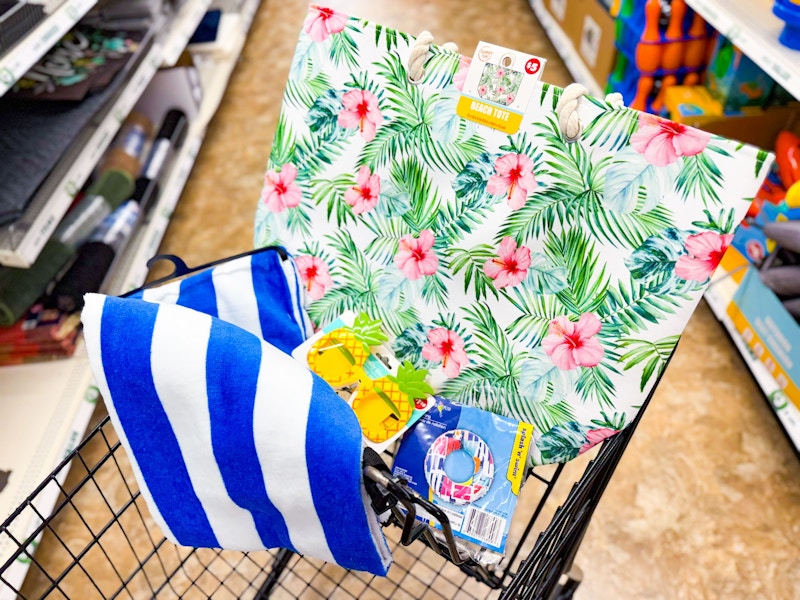 dollar tree beach towel, beah tote, float and sunglasses