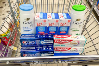 walgreens colgate, crest, and dove products in shopping cart