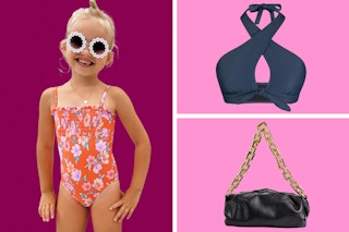 a kids swimsuit, a womens bikini top and a faux leather bag on a pick background