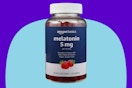 Amazon Basics Melatonin, Sleep Support Gummies, Strawberry Flavor, 5mg, 120 Count on a blue background.
