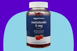 Amazon Basics Melatonin, Sleep Support Gummies, Strawberry Flavor, 5mg, 120 Count on a blue background.