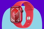 Apple Watch Series 9 [GPS + Cellular 41mm] Smartwatch with (Product) RED on a blue background.