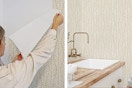 2 lifestyle images of Tempaper Block Print Leaves White Clay Peel and Stick Wallpaper