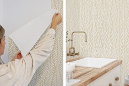 2 lifestyle images of Tempaper Block Print Leaves White Clay Peel and Stick Wallpaper