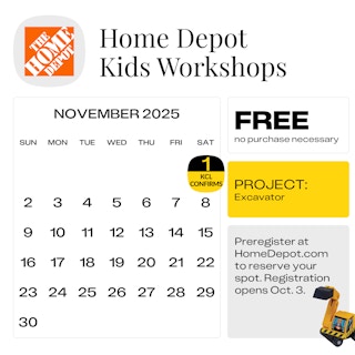 Calendar graphic of Home Depot kids workshop on November 1, 2025