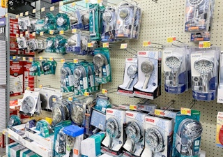 Shower heads on display at Walmart