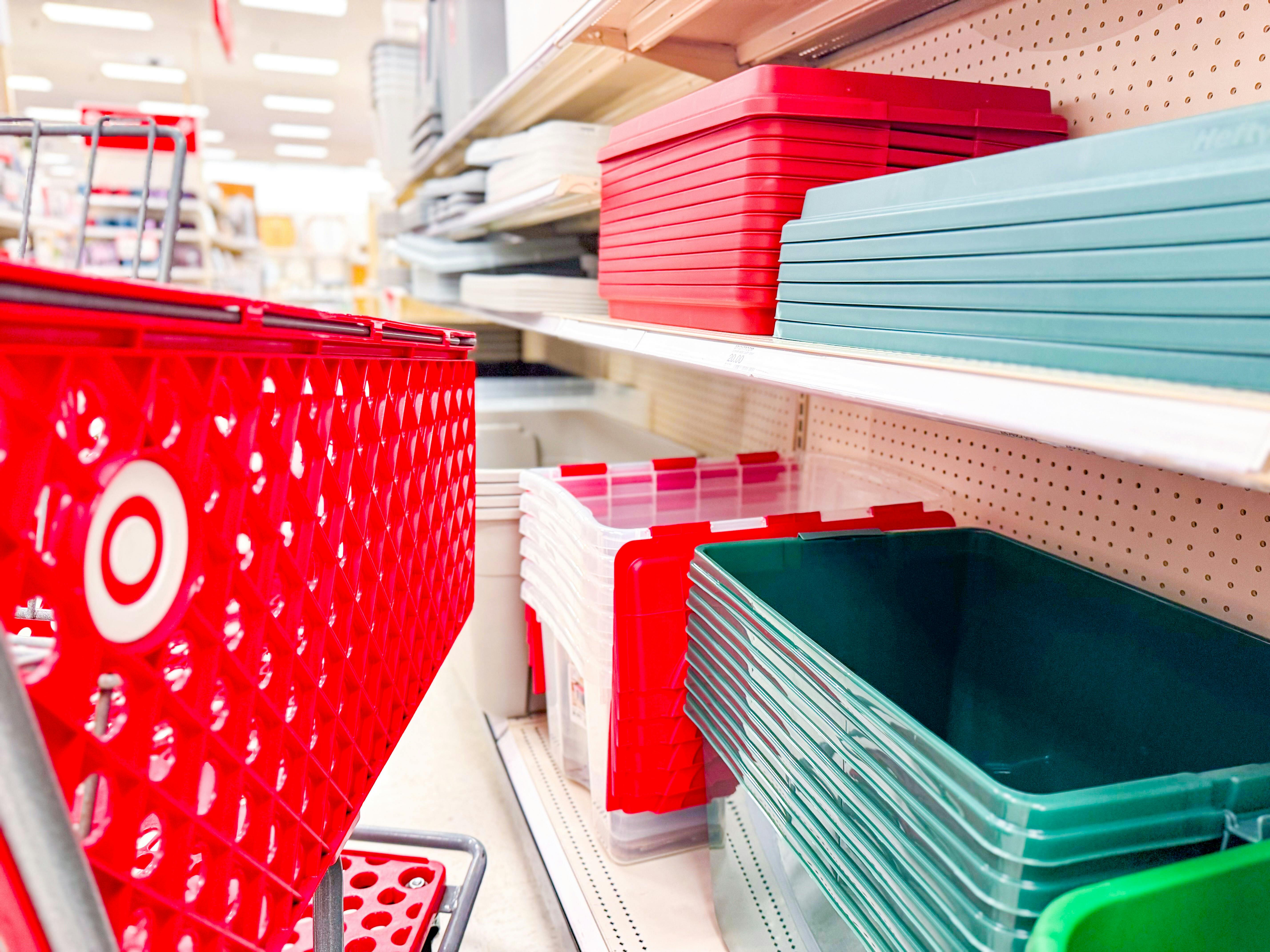 hefty-holiday-storage-totes on target shelf next to cart