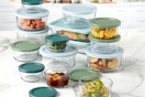 glass food storage and lids on marble countertop
