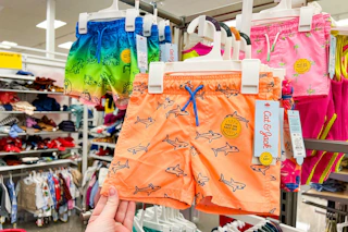toddler swim trunks sitting on a target shelf