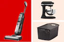 Stick vacuum, stand mixer and storage basket