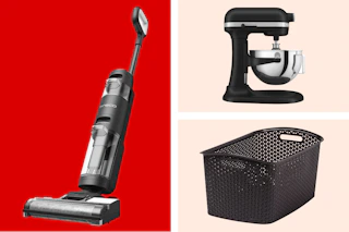 Stick vacuum, stand mixer and storage basket