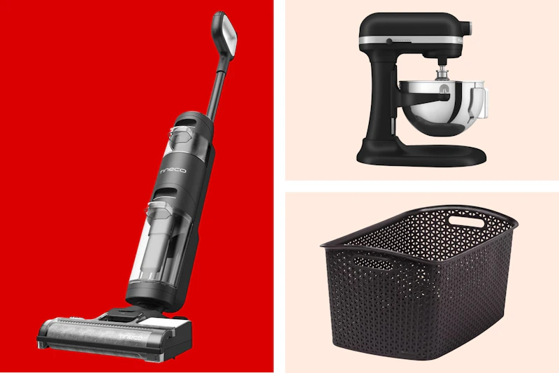 Stick vacuum, stand mixer and storage basket