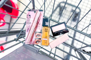 maybelline mascara, foundation, lipstick, and eyeshadow in a cart