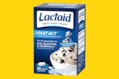 box of Lactaid Fast Act Caplets on a yellow background