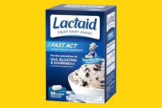 box of Lactaid Fast Act Caplets on a yellow background