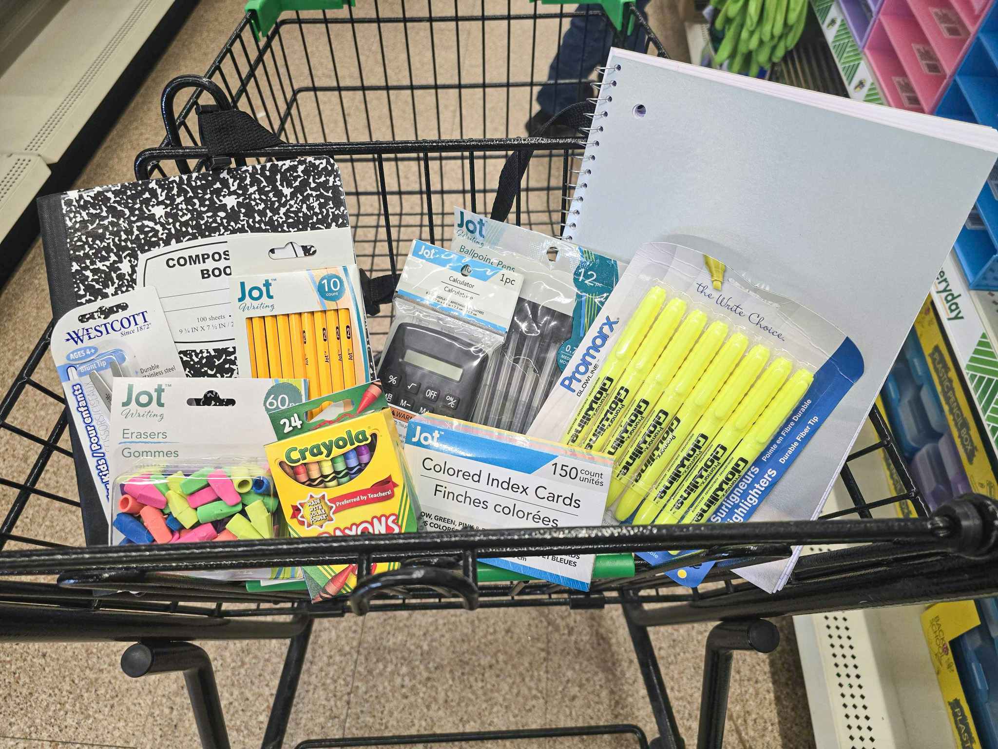 school supplies in a cart