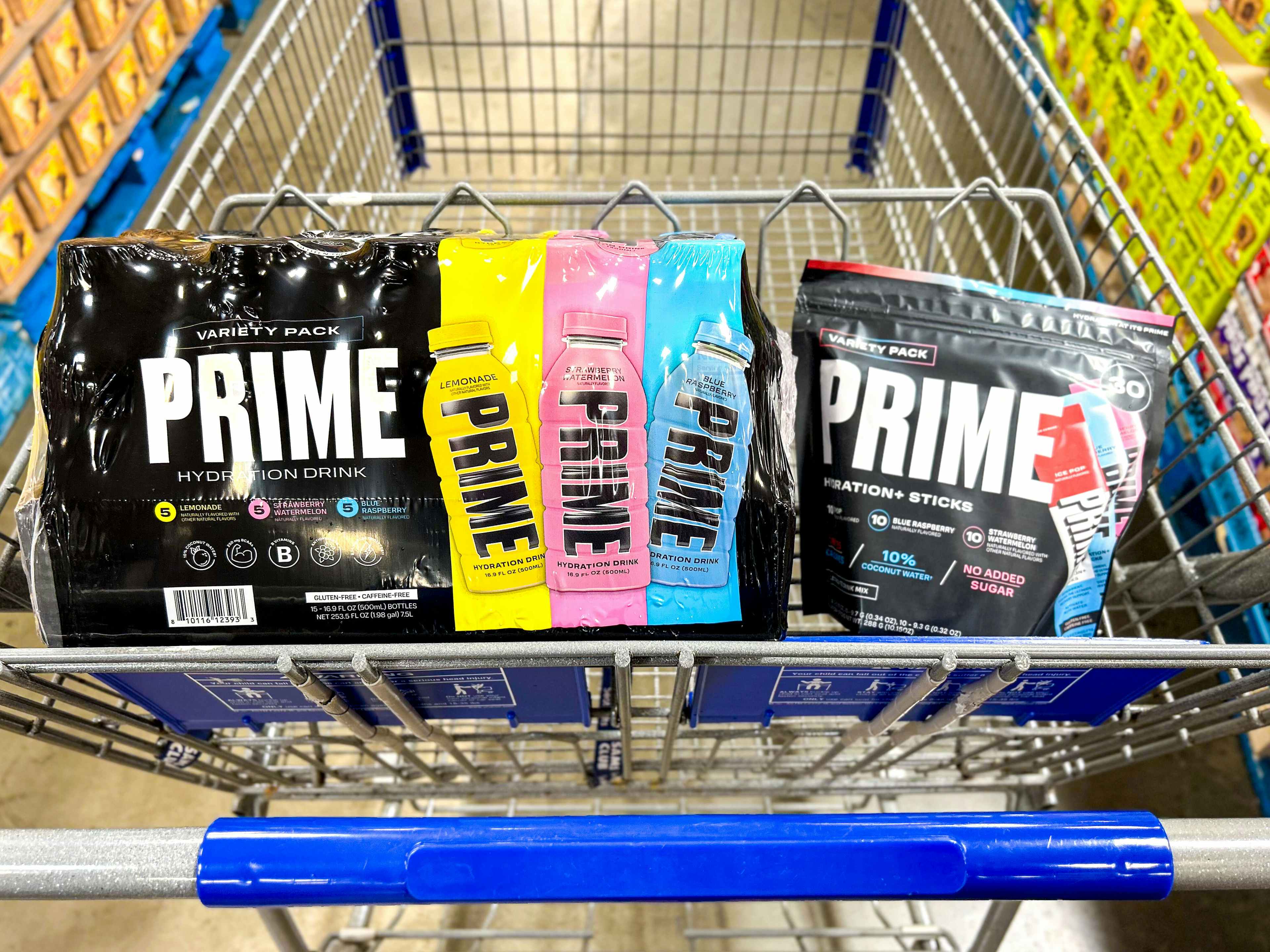 prime hydration drinks and sticks in a cart