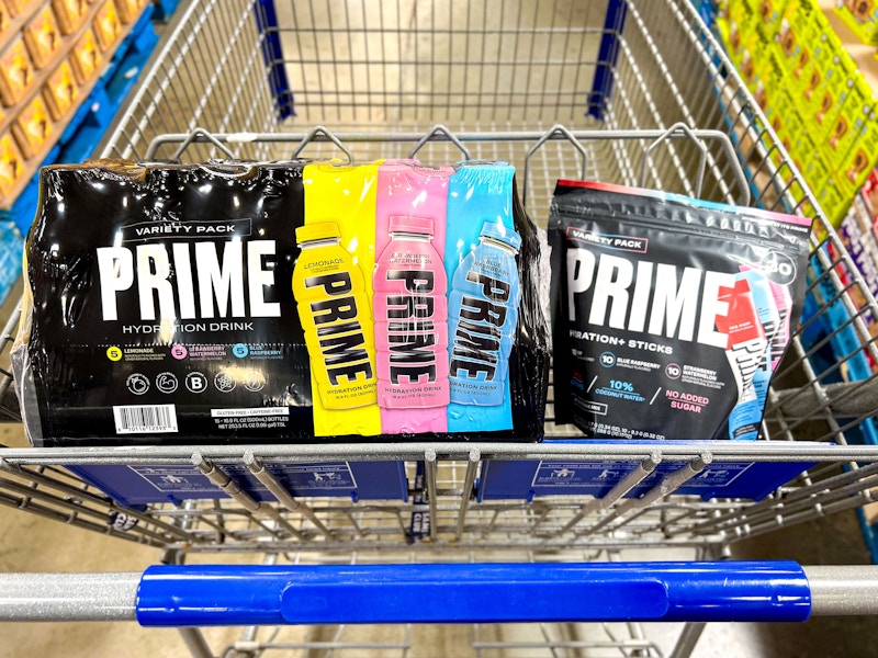 prime hydration drinks and sticks in a cart
