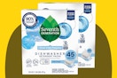Seventh Generation Dishwasher Detergent Packs Free & Clear on a yellow background.