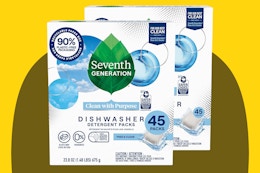 Seventh Generation Dishwasher Detergent Packs Free & Clear on a yellow background.