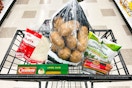 meijer tortillas, potatoes, green giant veggies, creamette pasta, eckrich franks in a black shopping cart