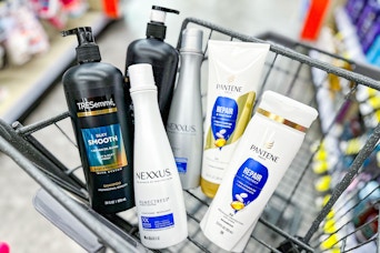 tresemme, pantene, and nexxus shampoo in a cart
