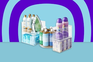 Stock image of The Home Edit 5-Piece Laundry System over blue hypnosis background