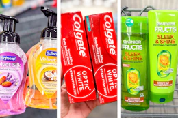 collage with softsoap, colgate, and garnier