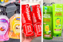 collage with softsoap, colgate, and garnier