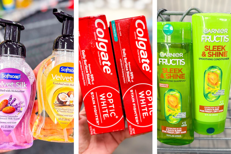 collage with softsoap, colgate, and garnier
