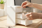 a woman putting paper clips in a drawer