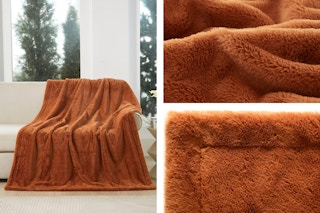 3 images of the Cozy Haven Throw Blanket in the color copper (2 are close up shots of faux fur fabric)