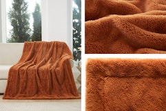 3 images of the Cozy Haven Throw Blanket in the color copper (2 are close up shots of faux fur fabric)