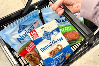 blue buffalo dog treats in shopping basket