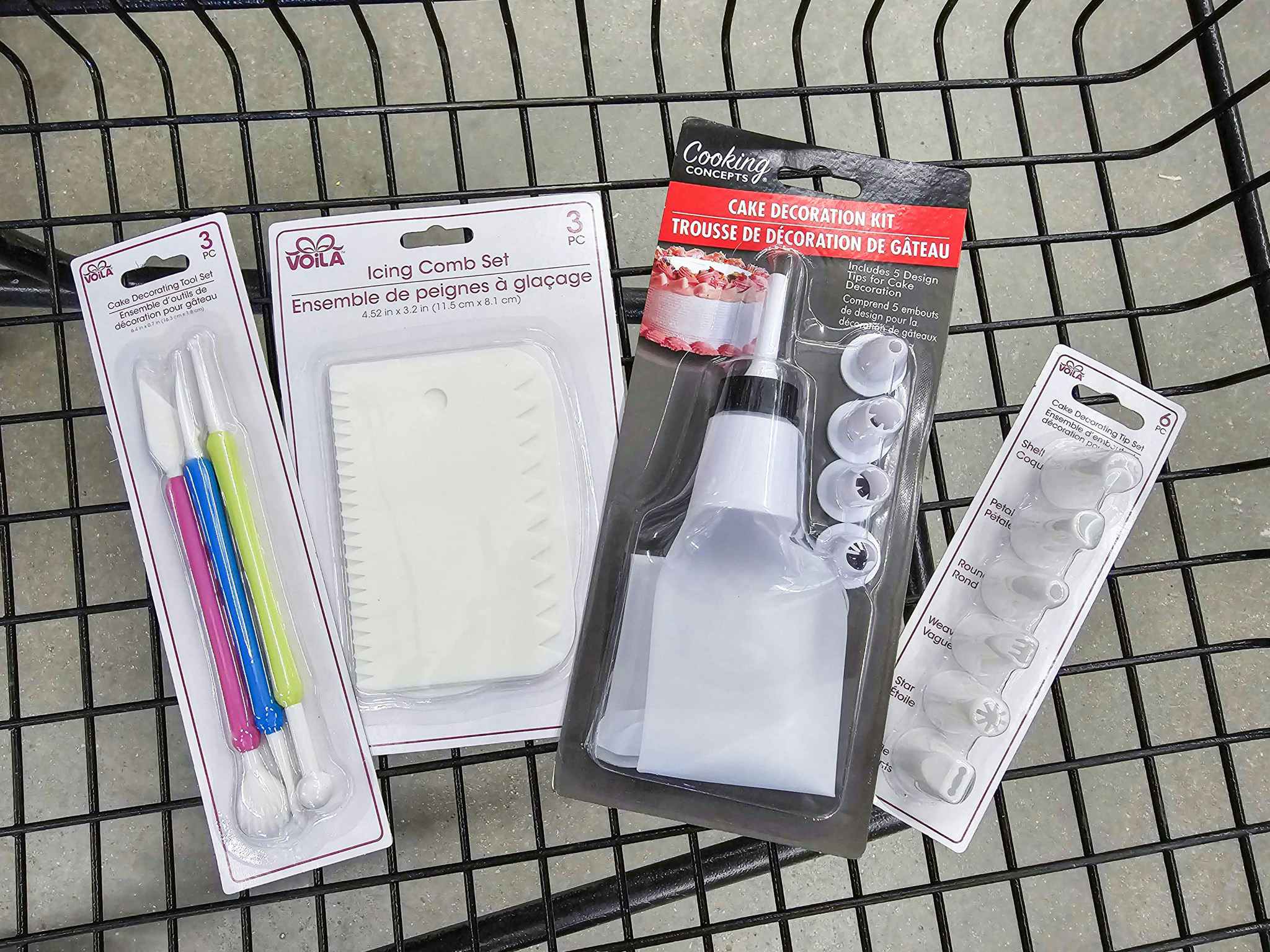 cake decorating supplies in a cart