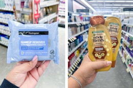 hand holding neutrogena wipes and whole blends hair care in collage