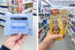 hand holding neutrogena wipes and whole blends hair care in collage