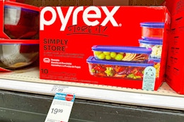 pyrex 10-piece set sitting on a target shelf
