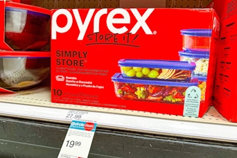 pyrex 10-piece set sitting on a target shelf