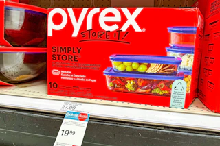 pyrex 10-piece set sitting on a target shelf
