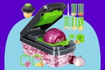  Yusshn Vegetable Chopper,12-in-1 Multifunctional Food Chopper on a blue background.
