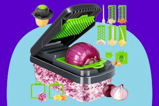 Yusshn Vegetable Chopper,12-in-1 Multifunctional Food Chopper on a blue background.
