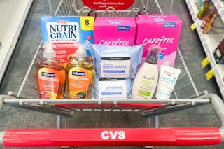 softsoap, neutrogena, aveeno, eucerin, carefree, and nutrigrain products in a cart