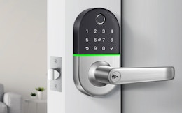 a fingerprint door lock on a door