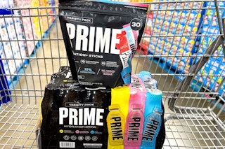 prime hydration drinks and sticks in a cart