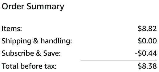 an amazon order summary ending in $8.38