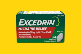 A 24-caplet box of Excedrin Migraine Relief medicine, which contains acetaminophen, aspirin, and caffeine.