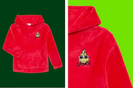 2 photos of the Dr Seuss Grinch Plush Hoodie for kids