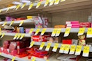 store shelf with valentine's day products and 75% off clearance tags