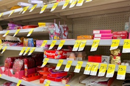 store shelf with valentine's day products and 75% off clearance tags